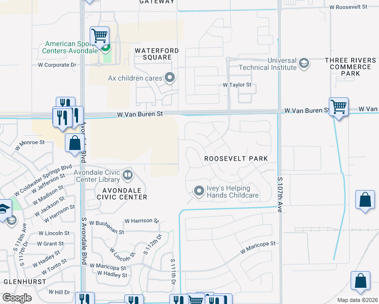 map of restaurants, bars, coffee shops, grocery stores, and more near 141 North 110th Drive in Avondale