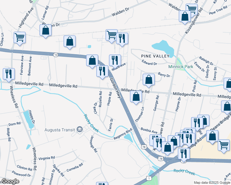 map of restaurants, bars, coffee shops, grocery stores, and more near 1800 Gordon Highway in Augusta