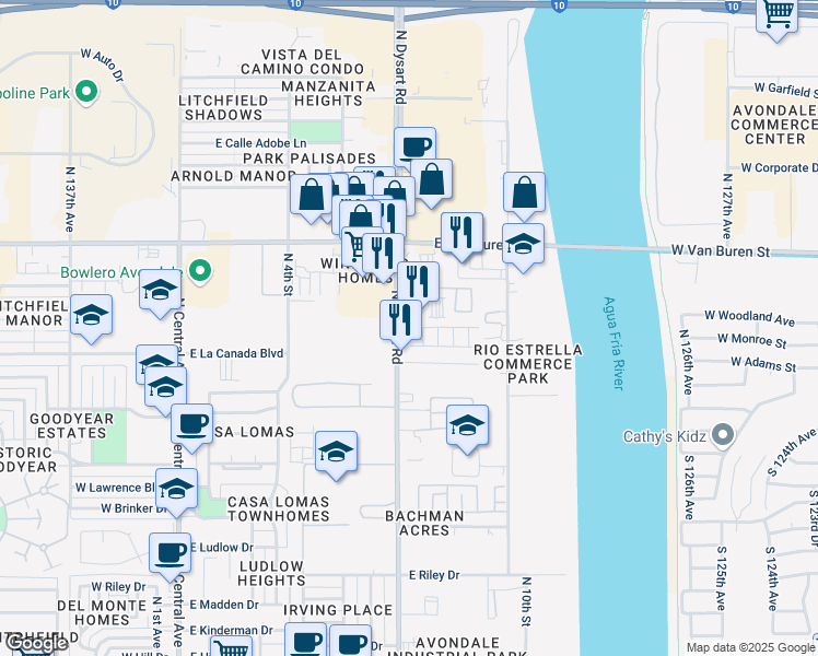 map of restaurants, bars, coffee shops, grocery stores, and more near 1223 North Dysart Road in Avondale