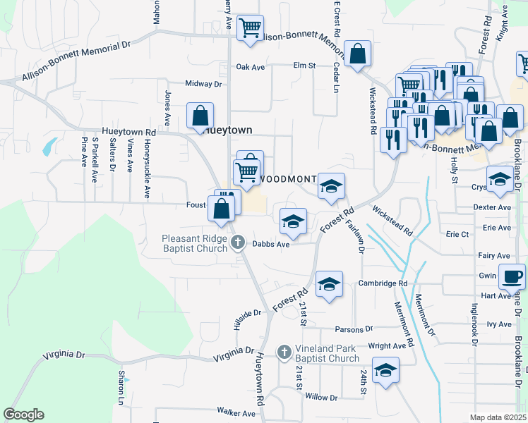 map of restaurants, bars, coffee shops, grocery stores, and more near 113 Ray Avenue in Hueytown