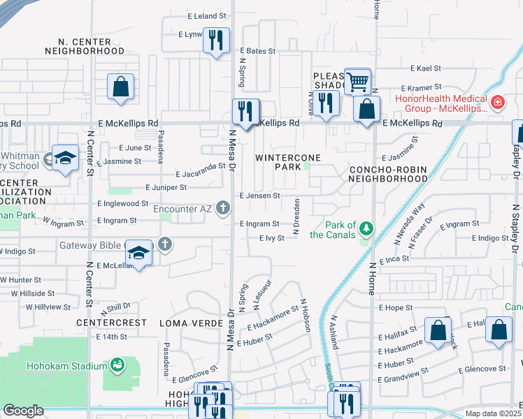 map of restaurants, bars, coffee shops, grocery stores, and more near 1726 North Summer Circle in Mesa