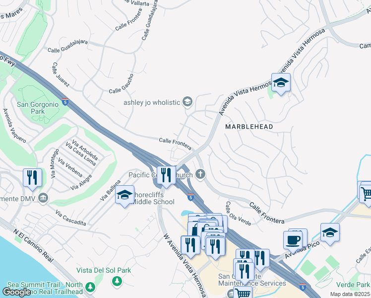 map of restaurants, bars, coffee shops, grocery stores, and more near 2416 Corte Merlango in San Clemente