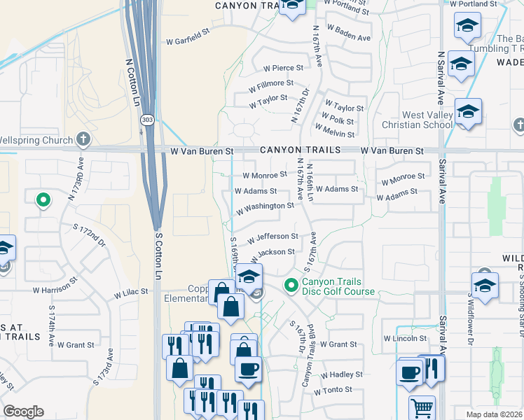 map of restaurants, bars, coffee shops, grocery stores, and more near 16807 West Washington Street in Goodyear