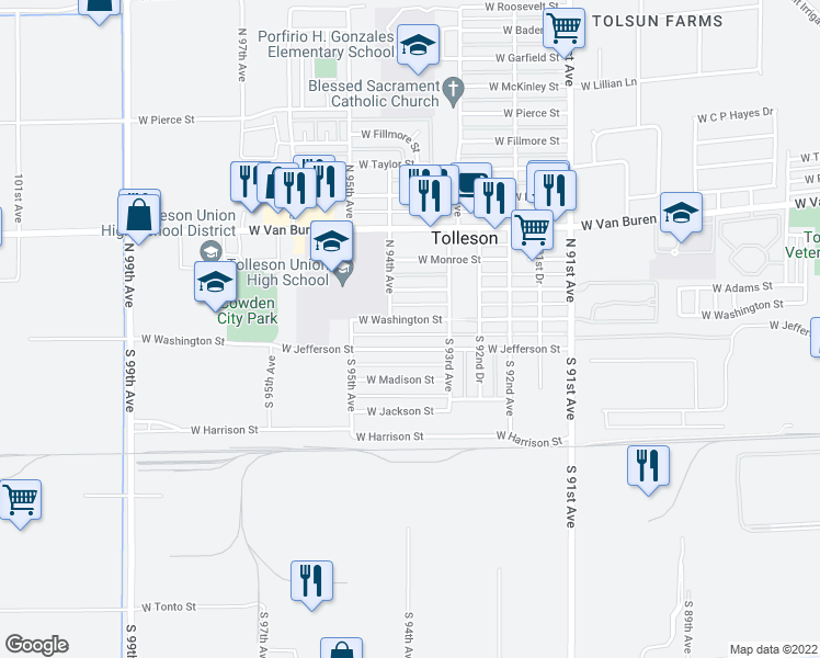 map of restaurants, bars, coffee shops, grocery stores, and more near 9353 West Washington Street in Tolleson