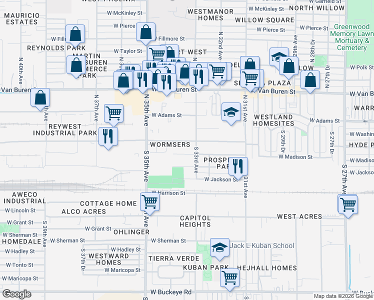 map of restaurants, bars, coffee shops, grocery stores, and more near 3316 West Jefferson Street in Phoenix