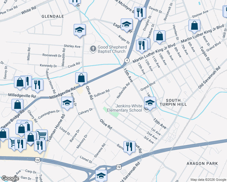 map of restaurants, bars, coffee shops, grocery stores, and more near 2222 Sullivan Road in Augusta