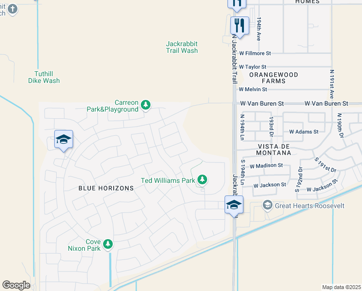 map of restaurants, bars, coffee shops, grocery stores, and more near 19717 West Jefferson Street in Buckeye