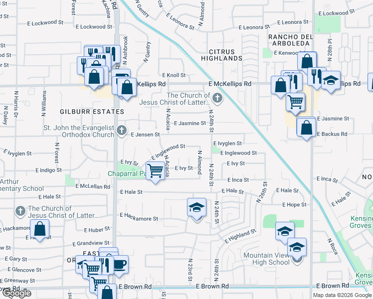 map of restaurants, bars, coffee shops, grocery stores, and more near 2257 East Inglewood Street in Mesa