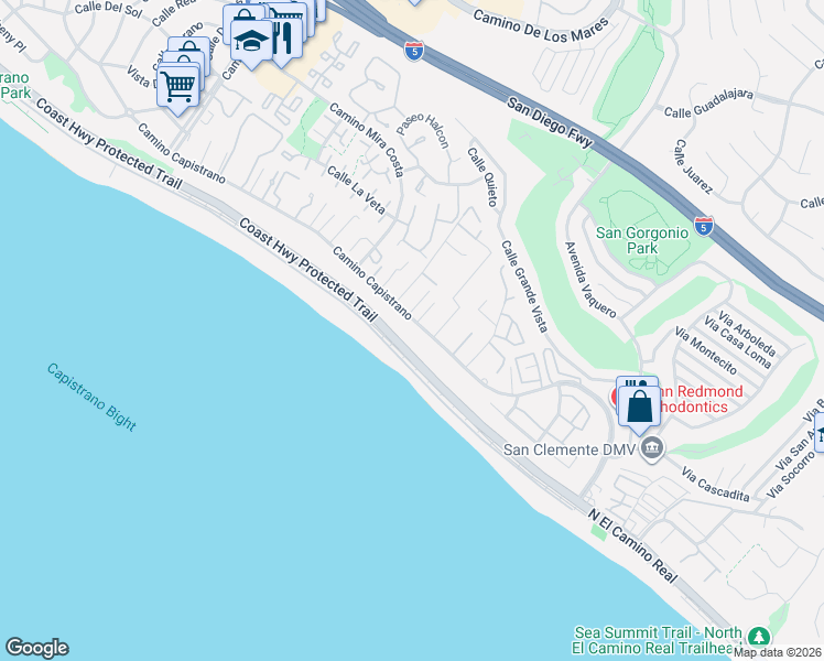 map of restaurants, bars, coffee shops, grocery stores, and more near 35451 Camino Capistrano in Dana Point