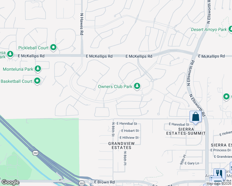 map of restaurants, bars, coffee shops, grocery stores, and more near 8609 East Jensen Street in Mesa