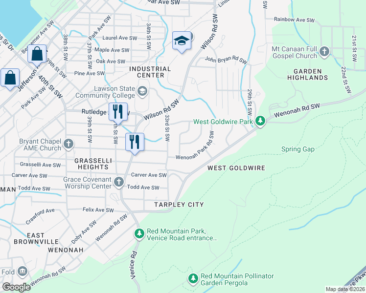 map of restaurants, bars, coffee shops, grocery stores, and more near 3056 Wenonah Park Place Southwest in Birmingham
