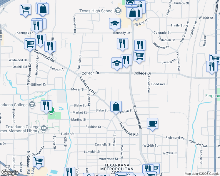 map of restaurants, bars, coffee shops, grocery stores, and more near 1216 Judson Street in Texarkana