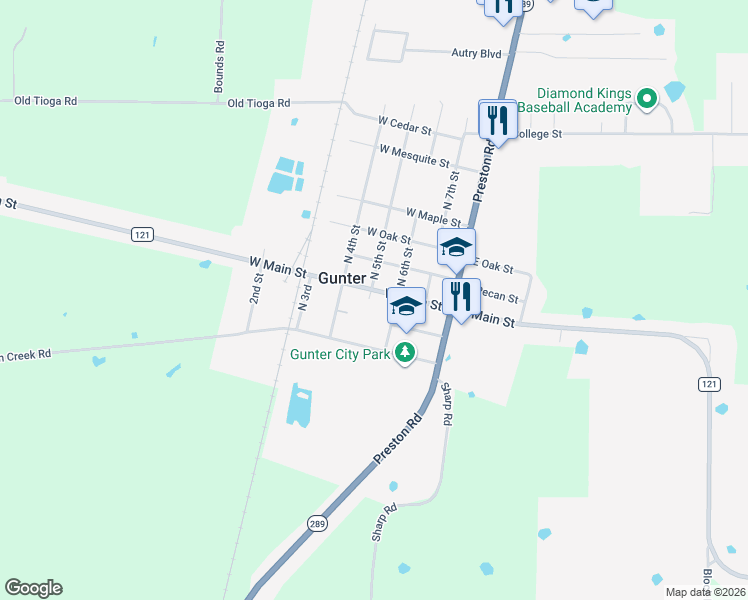 map of restaurants, bars, coffee shops, grocery stores, and more near 301 West Main Street in Gunter