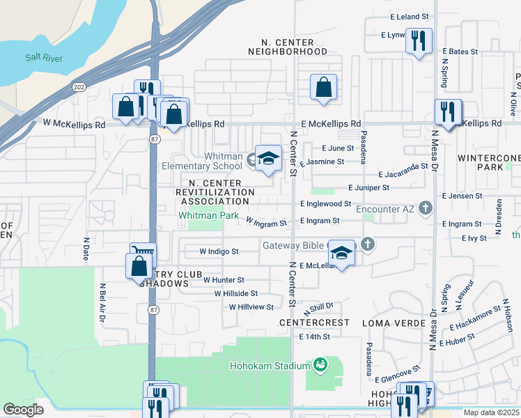 map of restaurants, bars, coffee shops, grocery stores, and more near 43 West Inglewood Street in Mesa