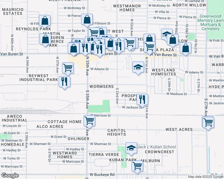 map of restaurants, bars, coffee shops, grocery stores, and more near 3316 West Jefferson Street in Phoenix