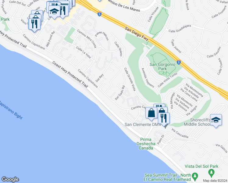map of restaurants, bars, coffee shops, grocery stores, and more near 27551 Seascape Circle in Dana Point