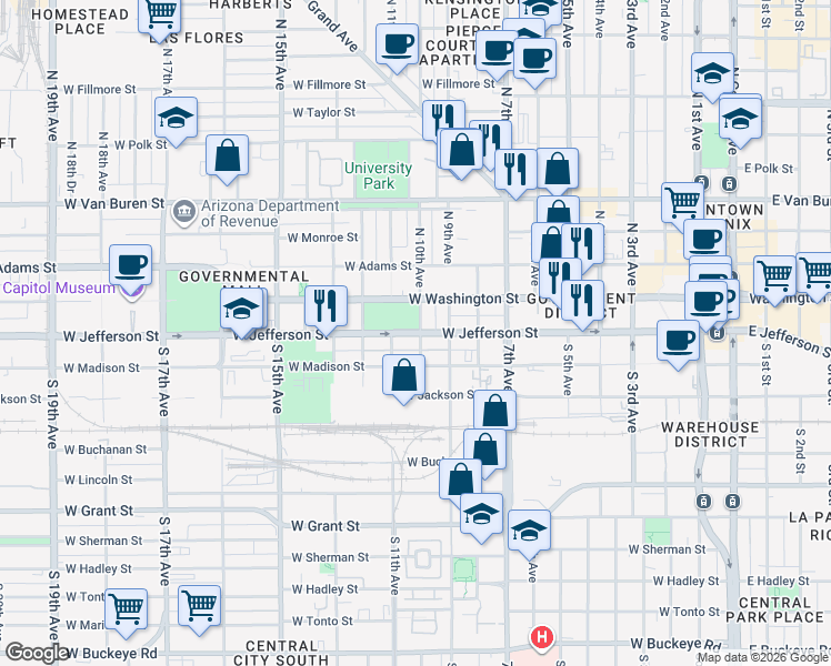 map of restaurants, bars, coffee shops, grocery stores, and more near 1001 West Jefferson Street in Phoenix