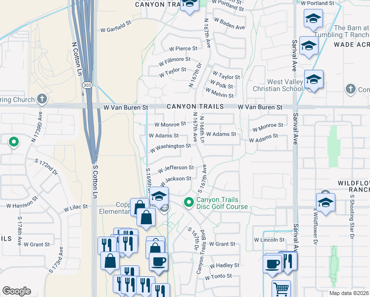 map of restaurants, bars, coffee shops, grocery stores, and more near 16741 West Washington Street in Goodyear