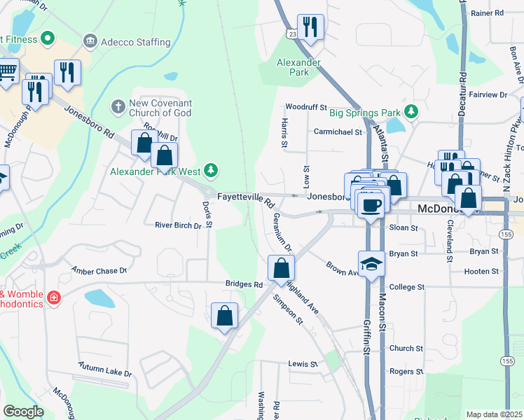 map of restaurants, bars, coffee shops, grocery stores, and more near 121-133 Toby Springs Lane in McDonough