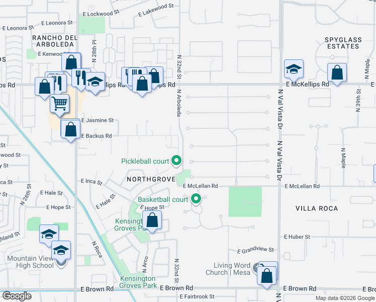 map of restaurants, bars, coffee shops, grocery stores, and more near 3158 East McLellan Road in Mesa