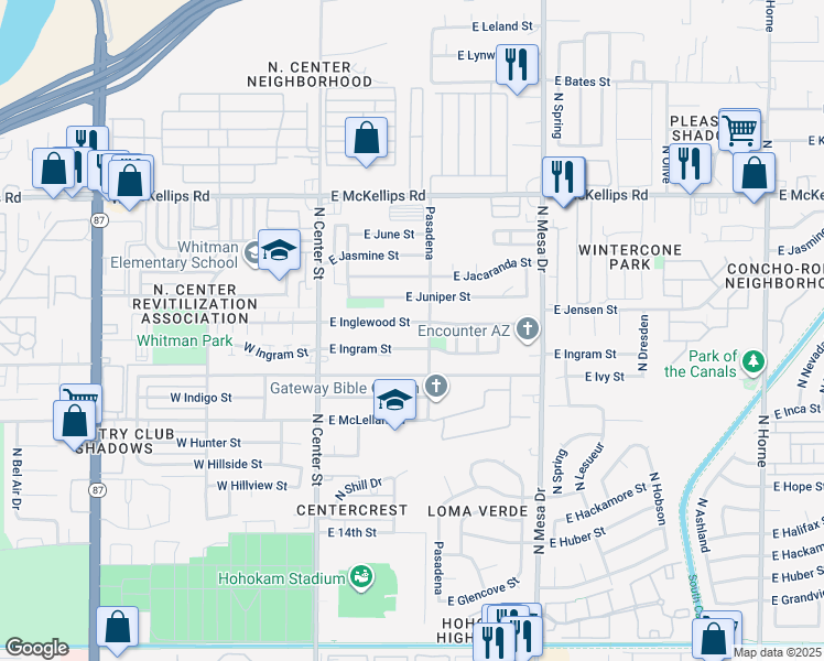 map of restaurants, bars, coffee shops, grocery stores, and more near 127 East Inglewood Street in Mesa