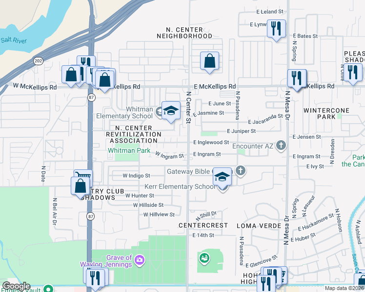 map of restaurants, bars, coffee shops, grocery stores, and more near 7 East Inglewood Street in Mesa