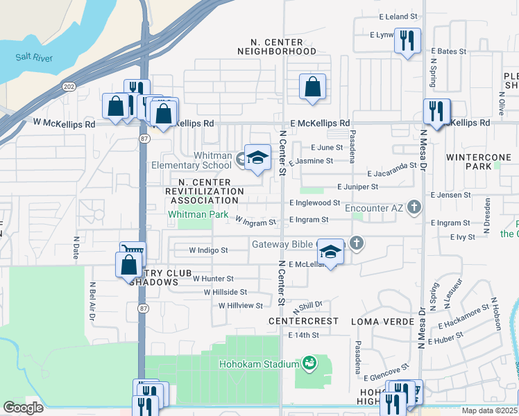 map of restaurants, bars, coffee shops, grocery stores, and more near 43 West Inglewood Street in Mesa
