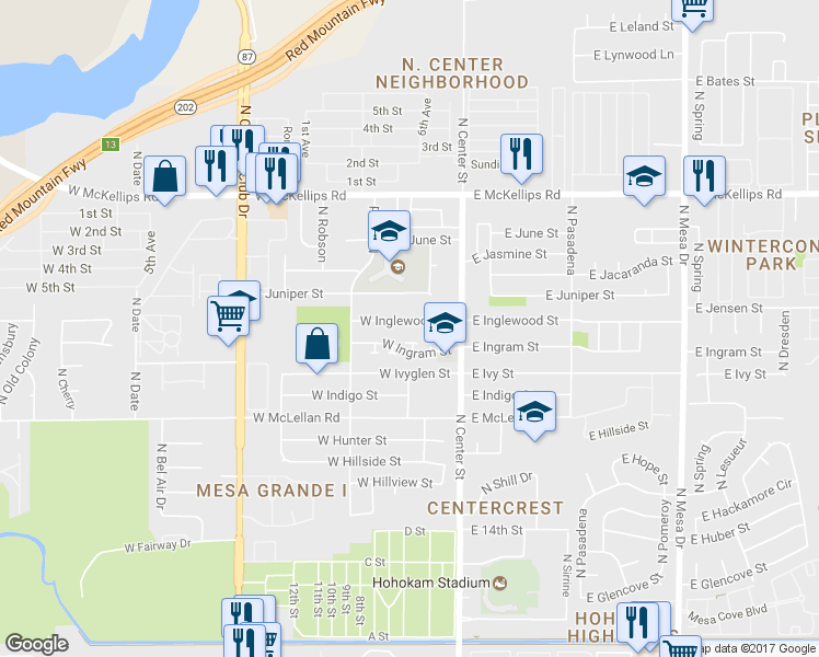 map of restaurants, bars, coffee shops, grocery stores, and more near 43 West Inglewood Street in Mesa