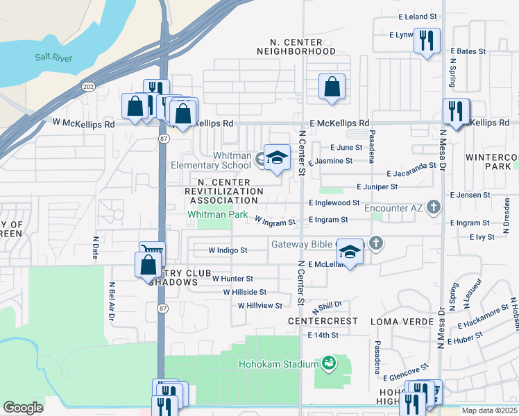 map of restaurants, bars, coffee shops, grocery stores, and more near 123 West Inglewood Street in Mesa