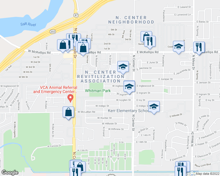 map of restaurants, bars, coffee shops, grocery stores, and more near 123 West Inglewood Street in Mesa