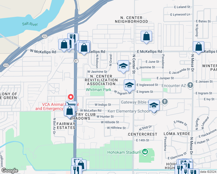 map of restaurants, bars, coffee shops, grocery stores, and more near 157 West Inglewood Street in Mesa