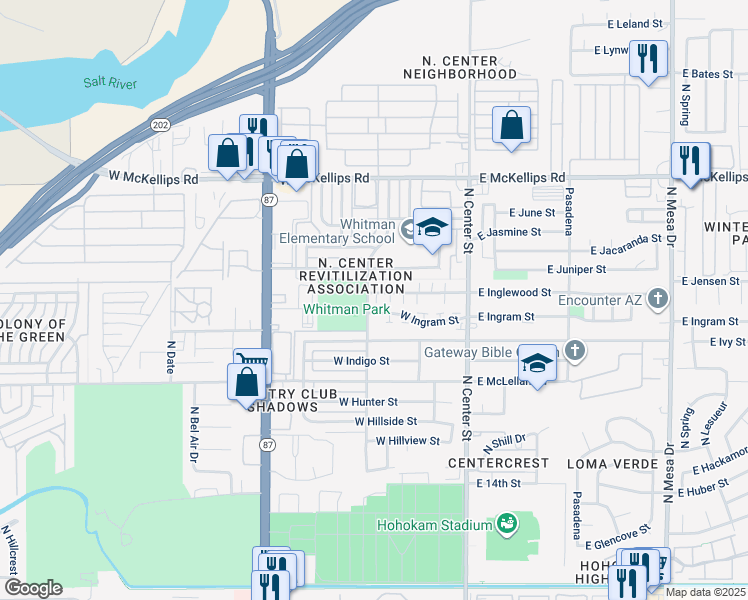map of restaurants, bars, coffee shops, grocery stores, and more near 157 West Inglewood Street in Mesa