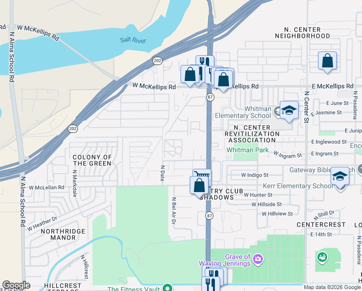 map of restaurants, bars, coffee shops, grocery stores, and more near 47 North Ivy Gardens in Mesa