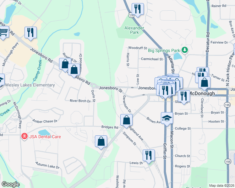 map of restaurants, bars, coffee shops, grocery stores, and more near 121-133 Toby Springs Lane in McDonough