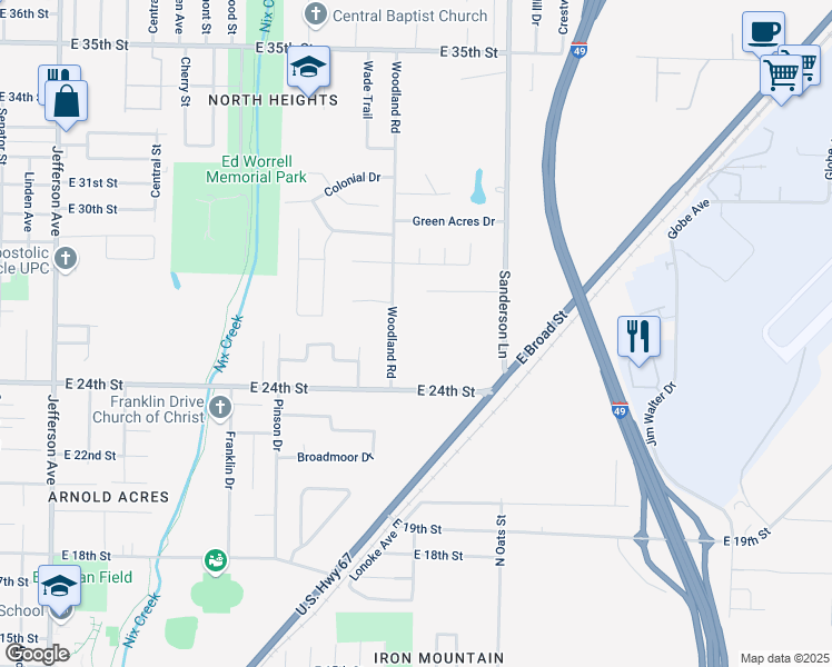 map of restaurants, bars, coffee shops, grocery stores, and more near 2700 Woodland Road in Texarkana