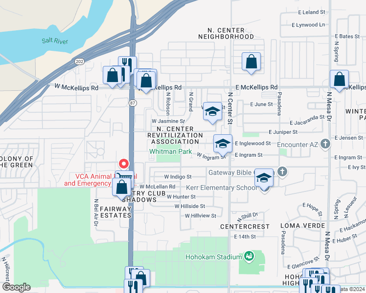 map of restaurants, bars, coffee shops, grocery stores, and more near 157 West Inglewood Street in Mesa