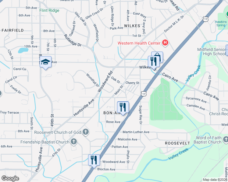 map of restaurants, bars, coffee shops, grocery stores, and more near 46 Wilkes Circle in Birmingham