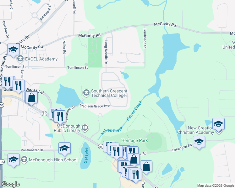 map of restaurants, bars, coffee shops, grocery stores, and more near 421 Mackenzie Noelle Lane in McDonough