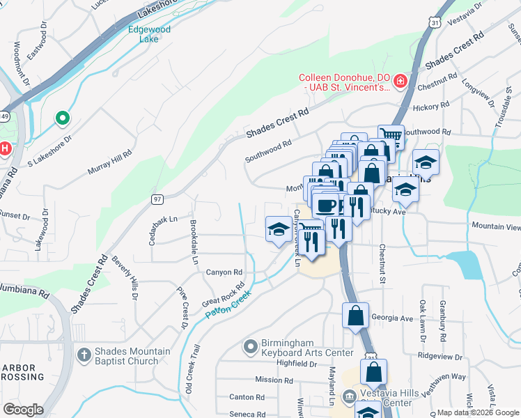 map of restaurants, bars, coffee shops, grocery stores, and more near 2016 Hulsey Place in Vestavia Hills