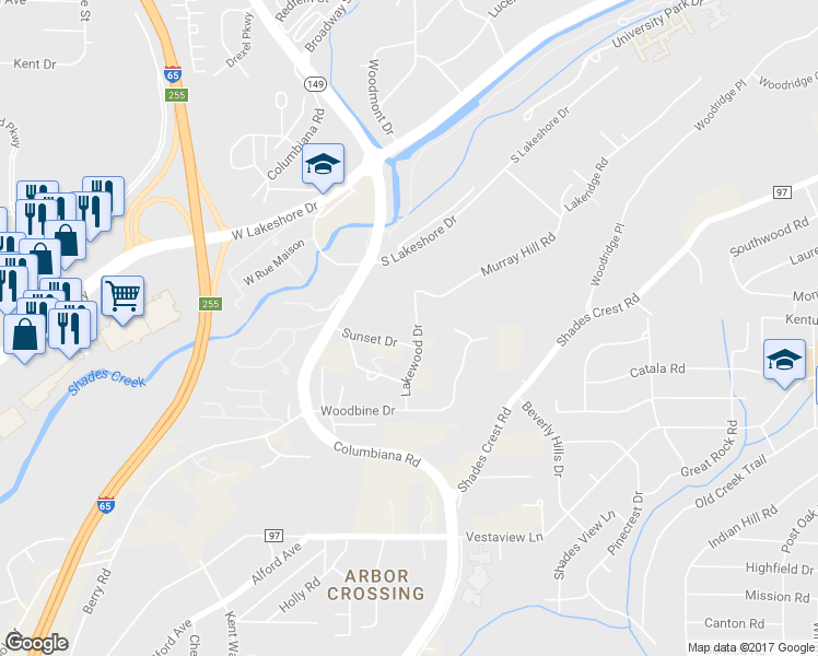 map of restaurants, bars, coffee shops, grocery stores, and more near 1616 Lakewood Drive in Vestavia Hills