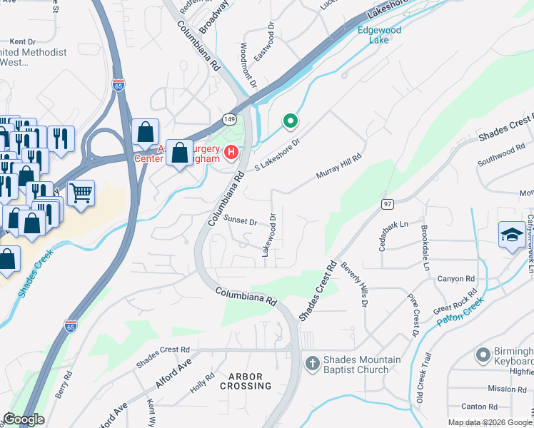 map of restaurants, bars, coffee shops, grocery stores, and more near 1616 Lakewood Drive in Vestavia Hills