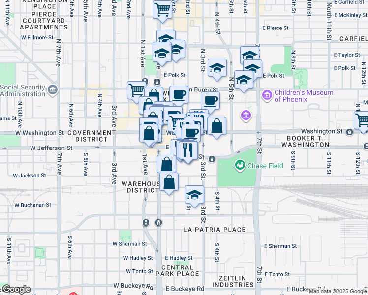 map of restaurants, bars, coffee shops, grocery stores, and more near 188 East Jefferson Street in Phoenix