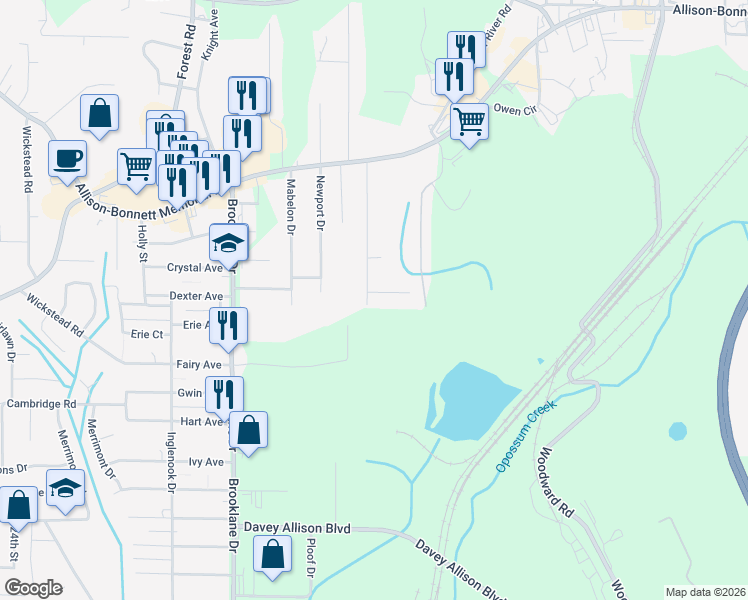 map of restaurants, bars, coffee shops, grocery stores, and more near 171 Highwood Drive in Hueytown