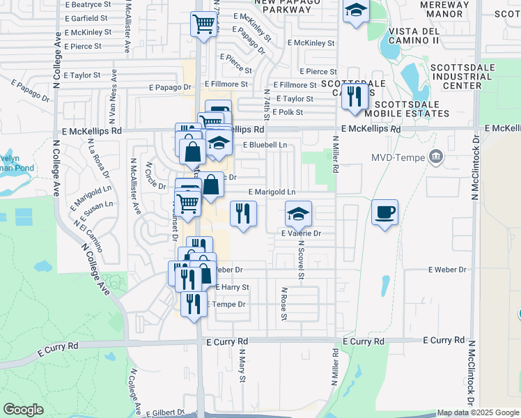 map of restaurants, bars, coffee shops, grocery stores, and more near 1089 East Susan Lane in Tempe