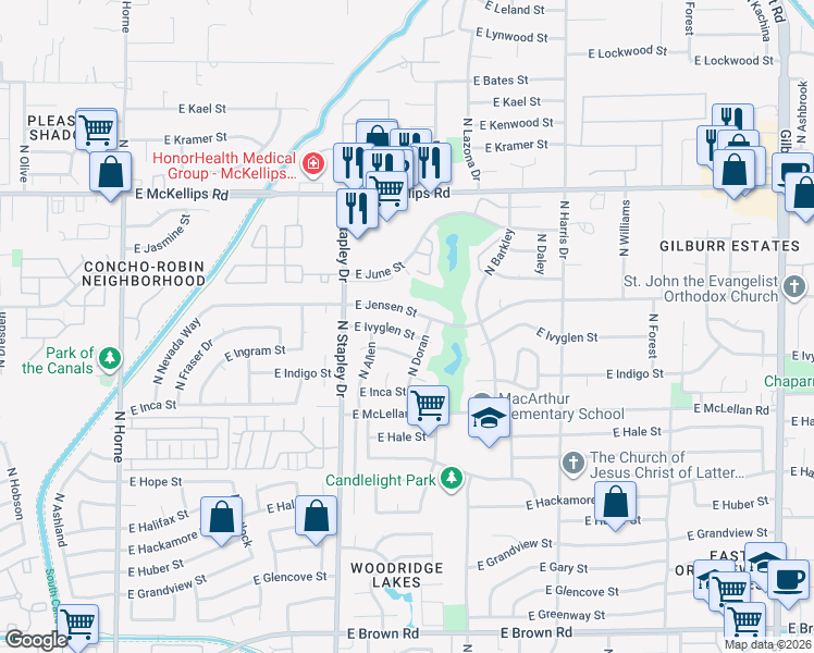 map of restaurants, bars, coffee shops, grocery stores, and more near 1310 East Ivyglen Street in Mesa