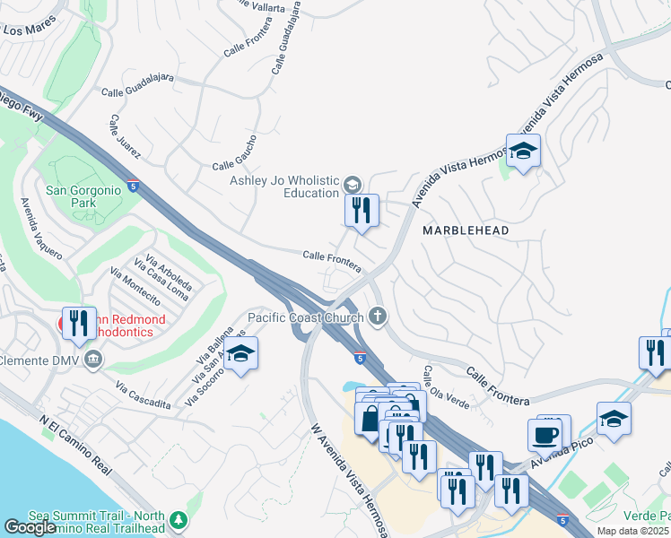map of restaurants, bars, coffee shops, grocery stores, and more near 601 Corte Merlango in San Clemente