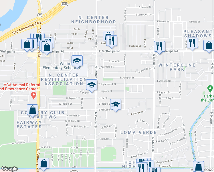 map of restaurants, bars, coffee shops, grocery stores, and more near 51 East Inglewood Street in Mesa