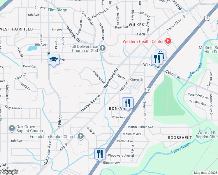 map of restaurants, bars, coffee shops, grocery stores, and more near 76 Wilkes Circle in Birmingham