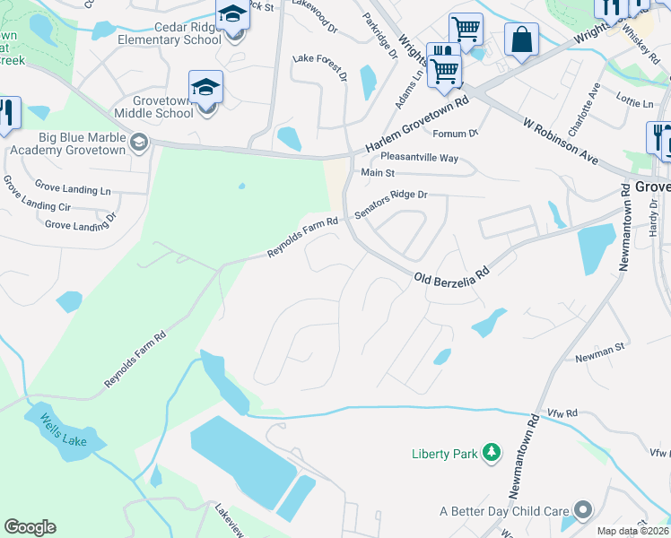 map of restaurants, bars, coffee shops, grocery stores, and more near 5008 Reynolds Way in Grovetown