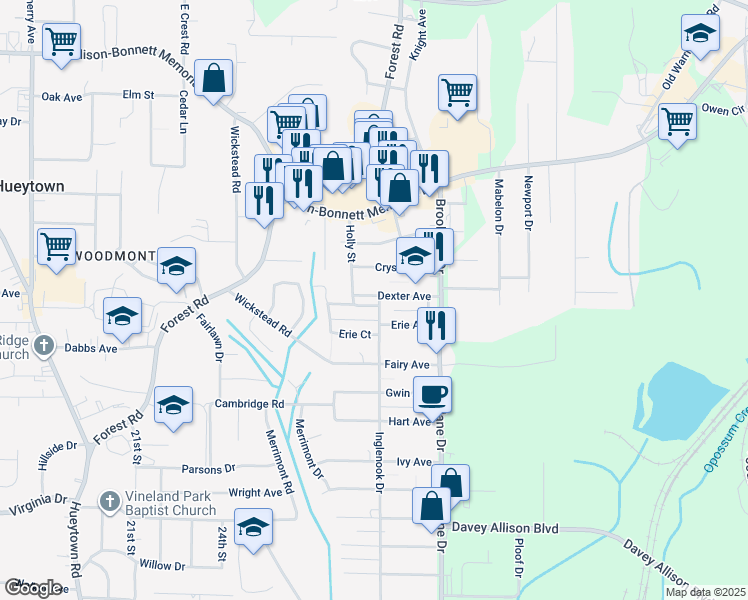 map of restaurants, bars, coffee shops, grocery stores, and more near 114 Inglenook Drive in Hueytown